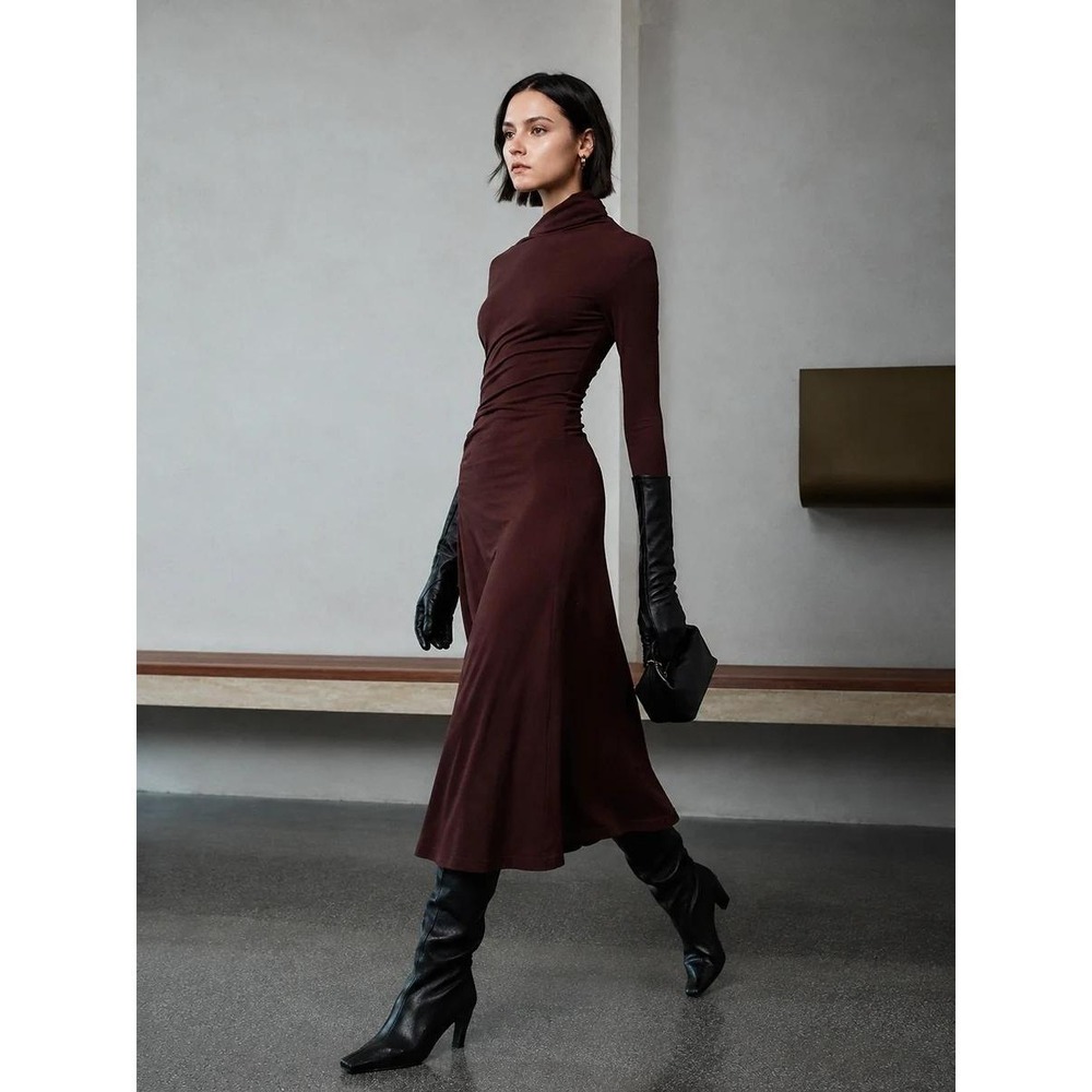 COMMENSE Burgundy Ruched Mock Neck Long Sleeve Midi Maxi Dress L